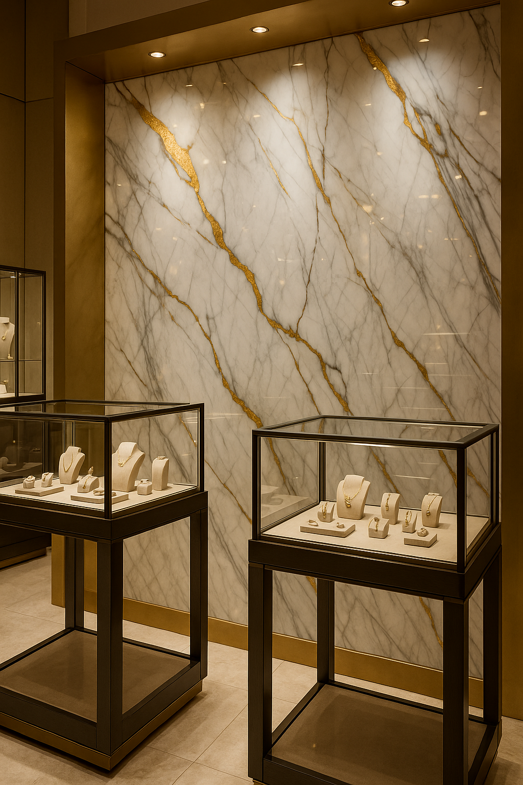 Marble PVC accent wall in a boutique interior
