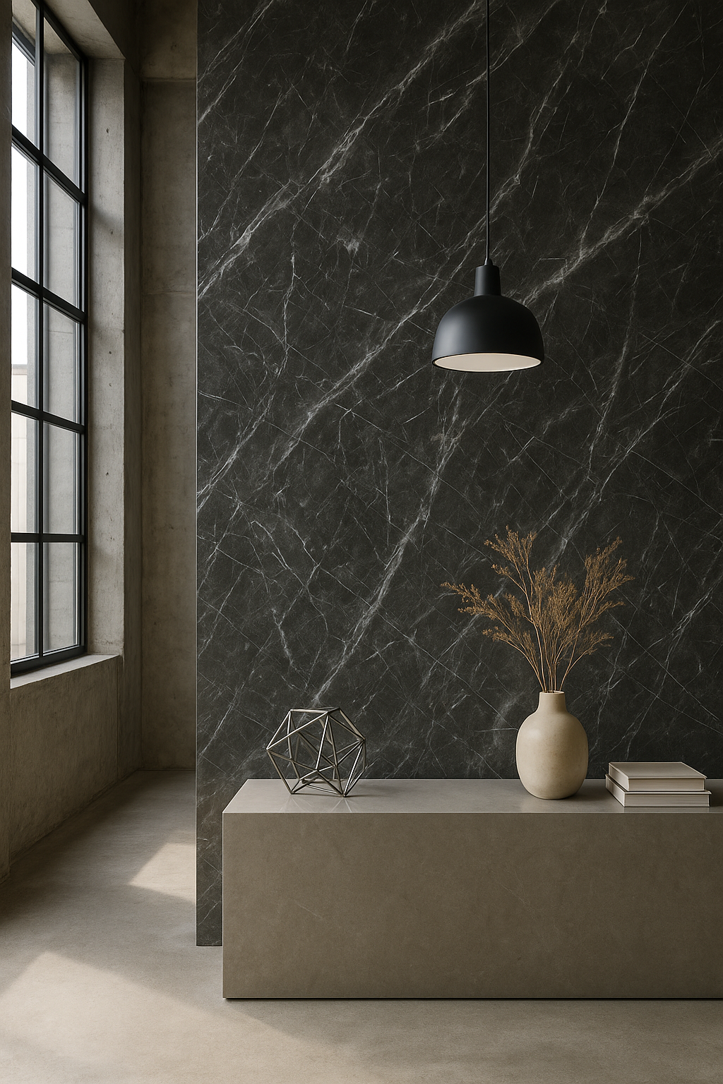 Modern marble feature wall in a residential interior