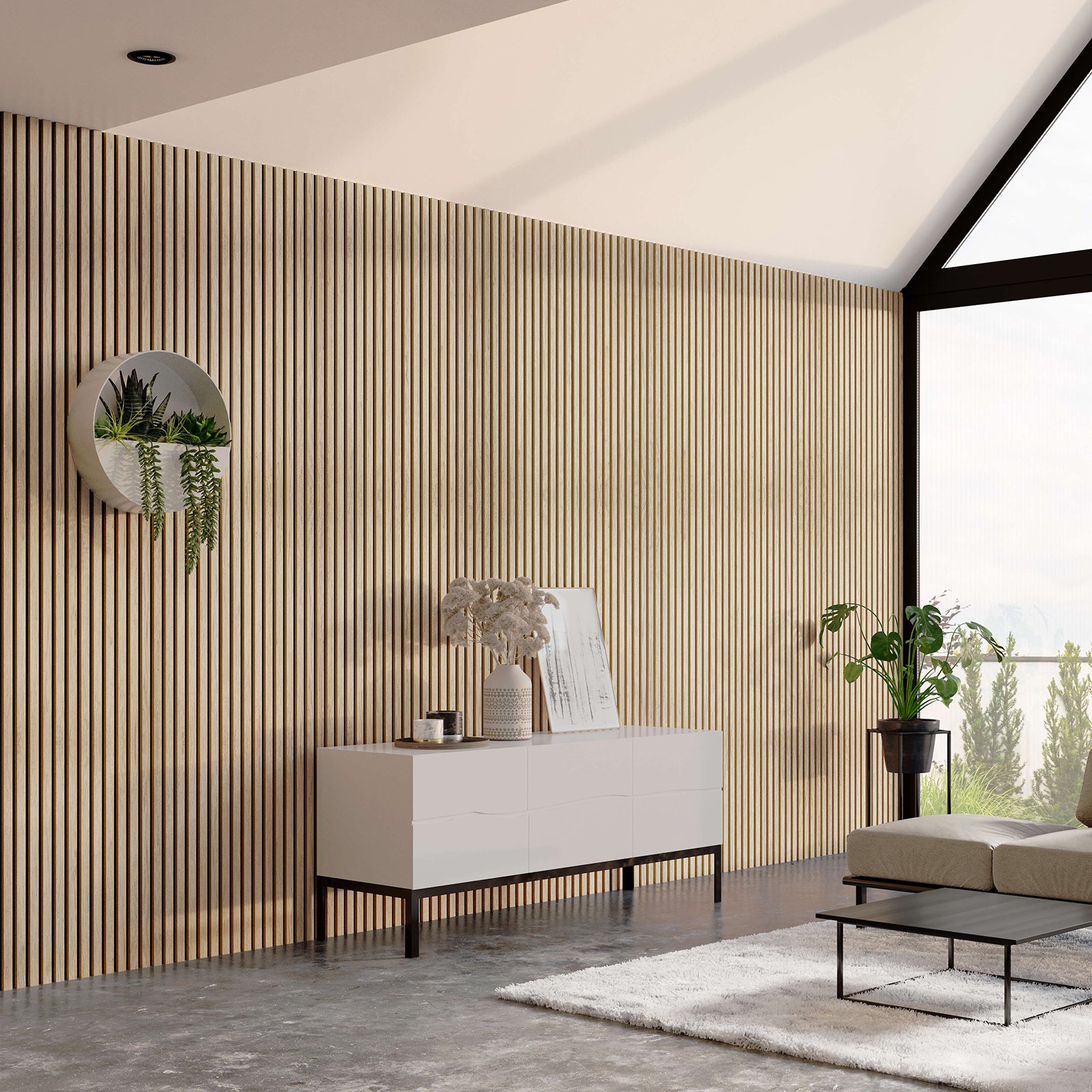 Acoustic oak slat panels in a modern living room