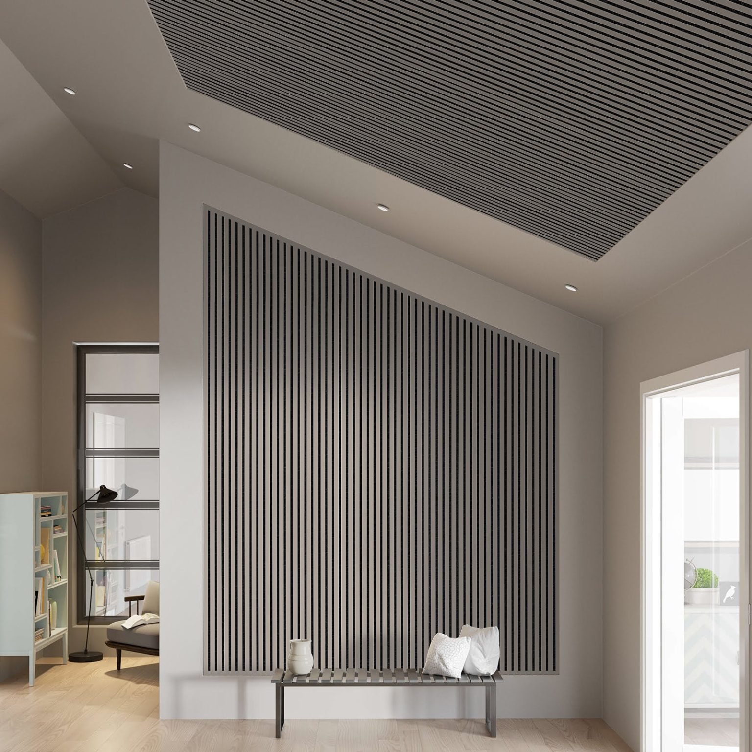 Acoustic stone-look panels in a residential living space