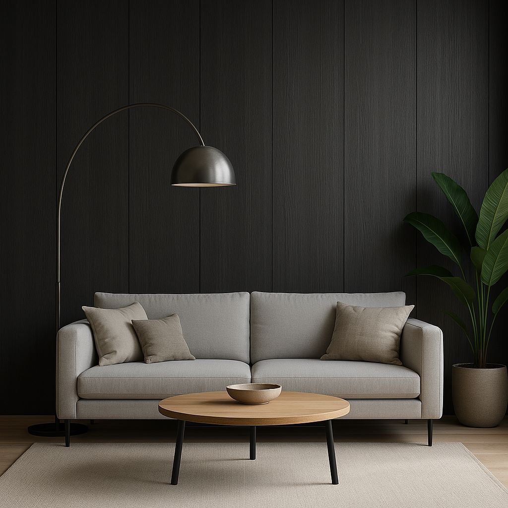 SuperDeco dark oak flat wall panel detail — showing the interlocking edge system and rich grain texture used in living room installations