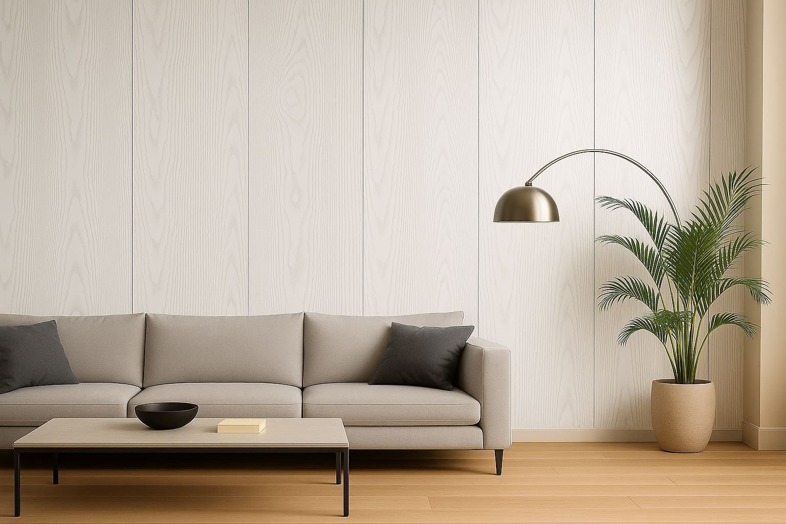 White ash flat wall panel close-up showing clean grain texture — SuperDeco Canada easy-install panel system