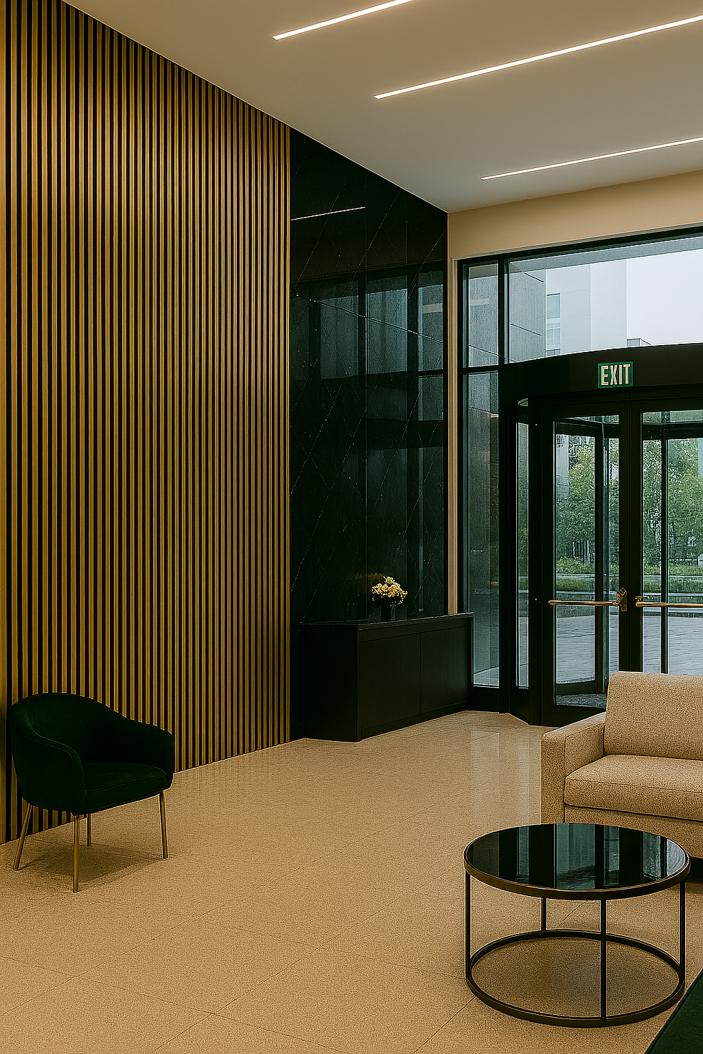 Fluted indoor wall panels in an elegant lobby