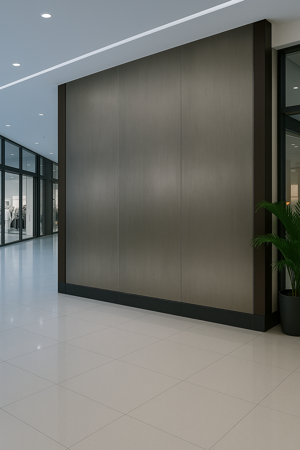 SuperDeco metal PVC wall panels installed in a modern commercial interior — brushed finish decorative cladding for offices and retail spaces