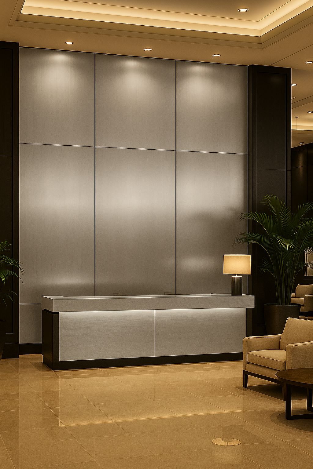 SuperDeco silver metal PVC wall panel — brushed finish detail shot for commercial and residential applications